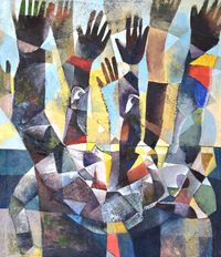 Masoud Kibwana, Raise up, o.J., 100 x 80 cm, Stoffst&uuml;cke auf Leinwand mit Acryl, signiert