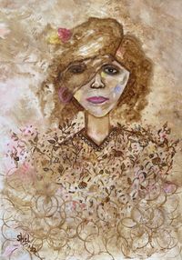 Shelina Khimji, New Beginnings - Dewy Eyed, 2022, Kaffee-, Acryl-, Wasserfarbe und Pinselstift auf Leinwand, 70 x 50 cm, signiert