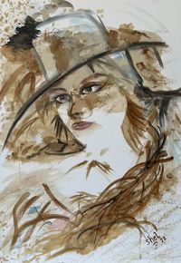 KS Shelina Khimji, New Beginnings - Enigmatic Gaze, 2022, Coffee, acrylic, water colour and brush pen. 70 x 50 cm, est. 600-800 &euro;, min. 450 &euro; ok