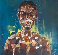 Masoud Kibwana, o.T., 2024, Acryl und Stoff auf schwerer Leinwand, 80 x 80 cm, signiert