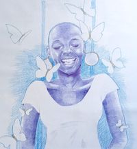 Annah Nkyalu, Bloom, 2024, Kugelschreiber mit Pastellkreide auf Leinwand, 65 x 55 cm, signiert