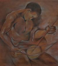Raza, A Man Playing Zeze, 2024, 81 x 70 cm, Pastell auf Leinwand, signiert