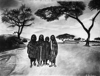 Job Theophil, The Masai, 2022, Kohle und Bleistift auf Papier), 35 x 45 cm, signiert